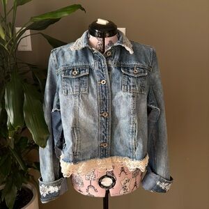 Custom Classic Blue Denim Jacket with Lace Trim